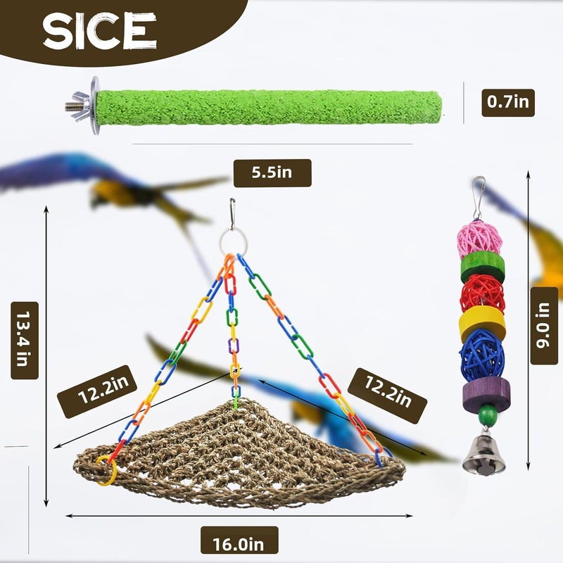 MUYG Bird Swing Toys,Parakeet Seagrass Mat,Edible Triangle Seagrass Hammock with Color Toys Handmade Woven Natural Grass Net Hanging on Parrot Cage for Budgies Lovebird Canary Cockatiel Finch Hamster - Image 2